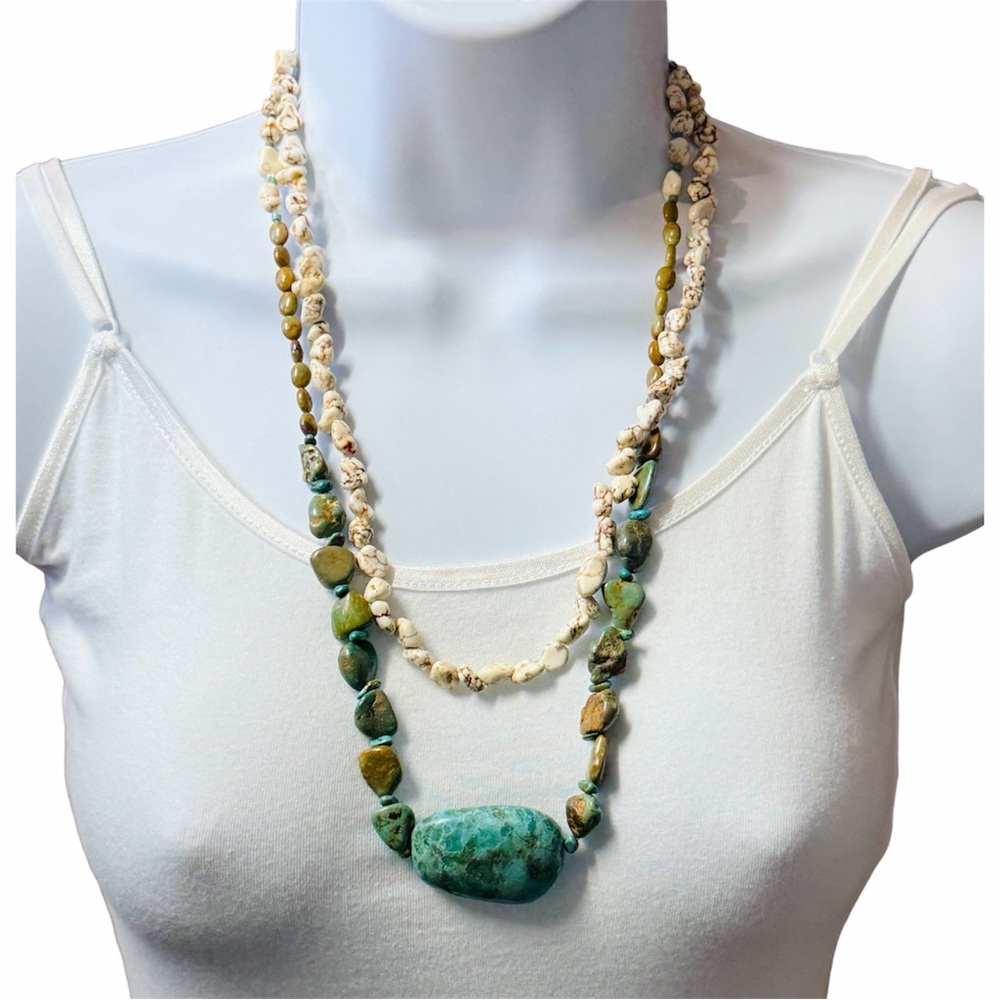 Chic Kingman & Buffalo Turquoise Beaded Necklace Layered 23” 925 clasp